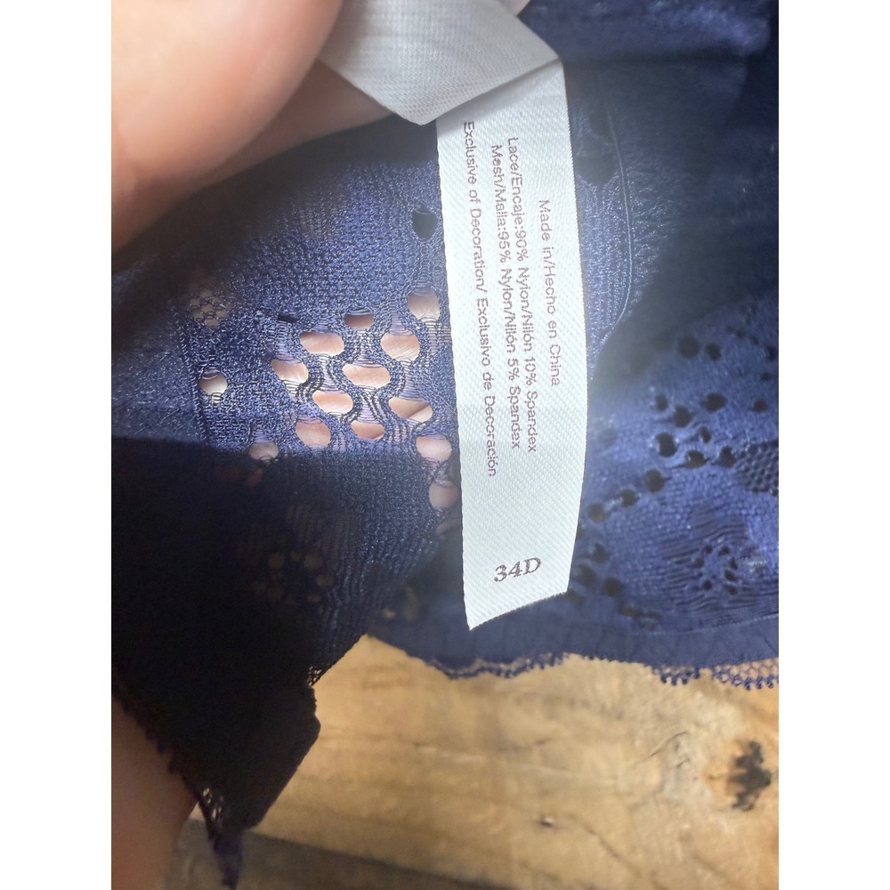 Adored by Adore Me Navy Blue Lace Longline Underwire Bra 34D Floral Mesh Back - Picture 6 of 6